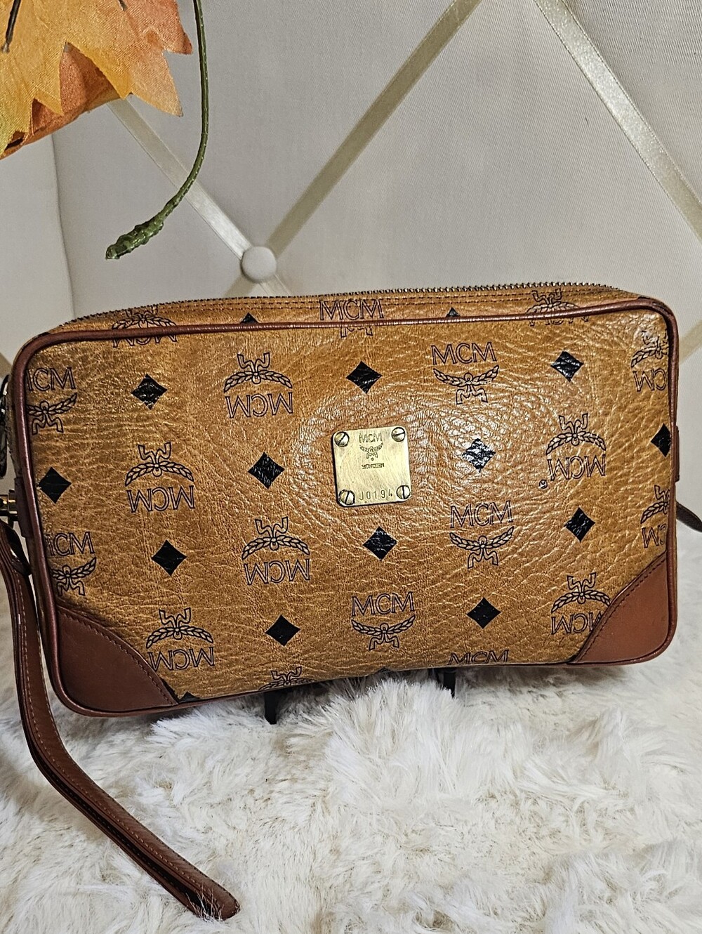 MCM Cognac Visetos Monogram Clutch Wristlet